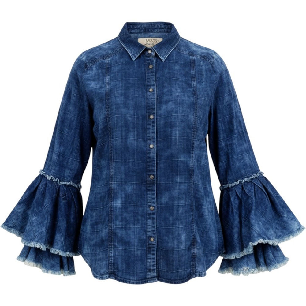 Ryan Michael Women Indigo Acid Wash Quilted Bell Sleeve Western Shirt V1749PQ XL